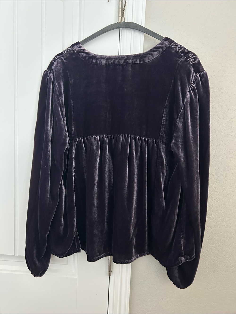Garnet Hill Deep Plum Velvet Embroidered V-Neck Blouse - Picture 4 of 4